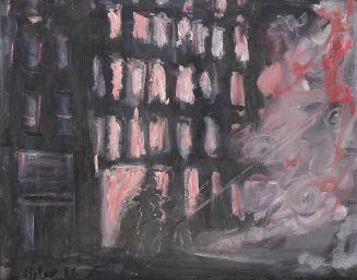 Georg Eisler, Manchester, The Blitz, 1986, Öl auf Leinwand, 36,5 × 45,5 cm, Georg und Alice Eis ...