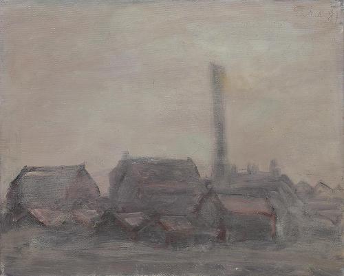 Georg Eisler, Kleine Fabrik im Nebel, 1987, Öl auf Leinwand, 26 × 32 cm, Georg und Alice Eisler ...