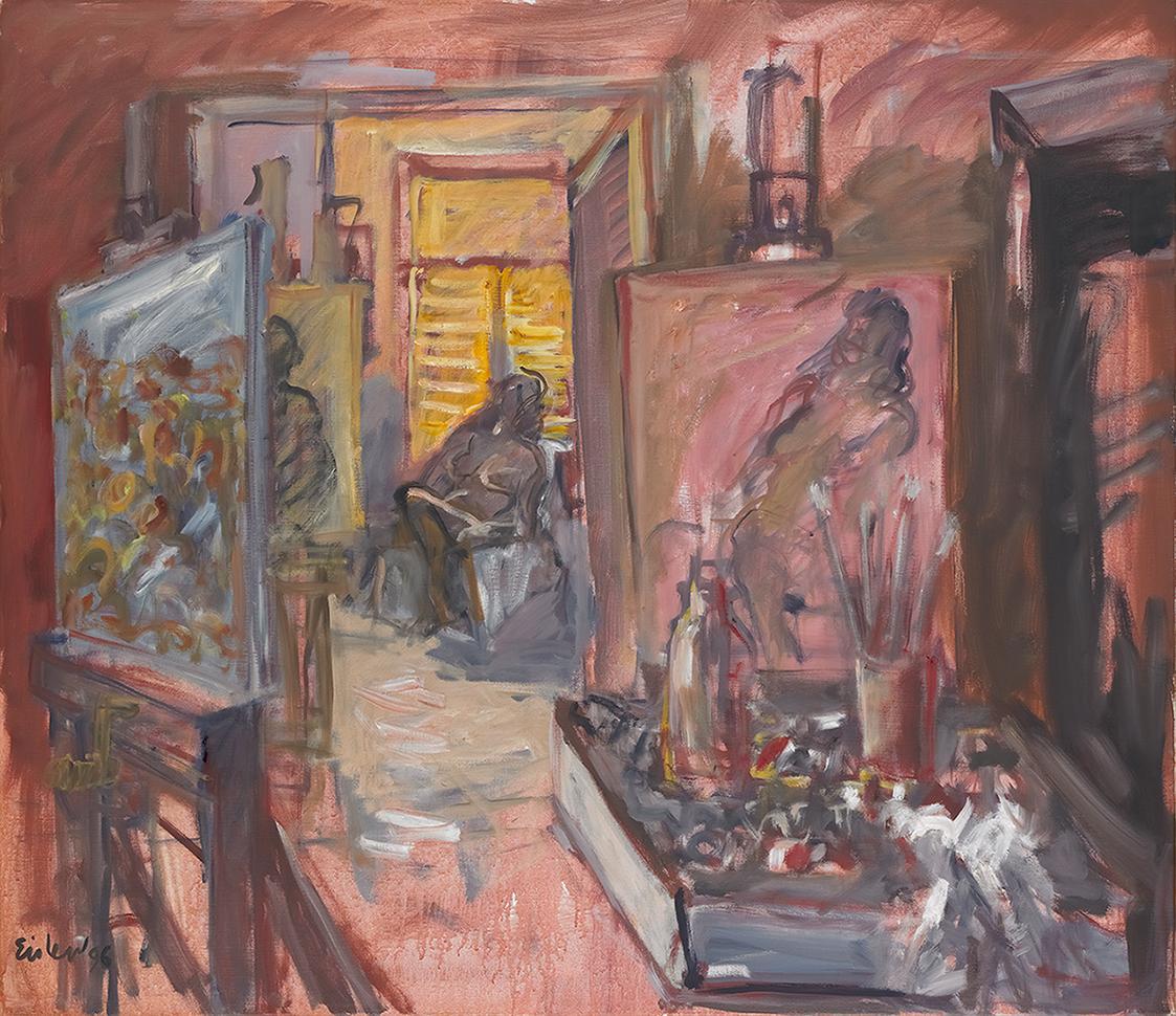 Georg Eisler, Atelier, 1996, Öl auf Leinwand, 135 × 155 cm, ALBERTINA, Wien – Familiensammlung  ...