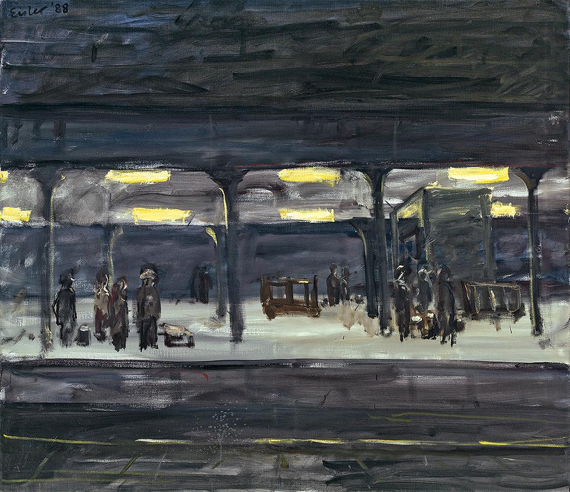 Georg Eisler, Nächtlicher Bahnhof II, 1988, Öl auf Leinwand, 130,5 × 150,5 cm, bel etage, Wolfg ...