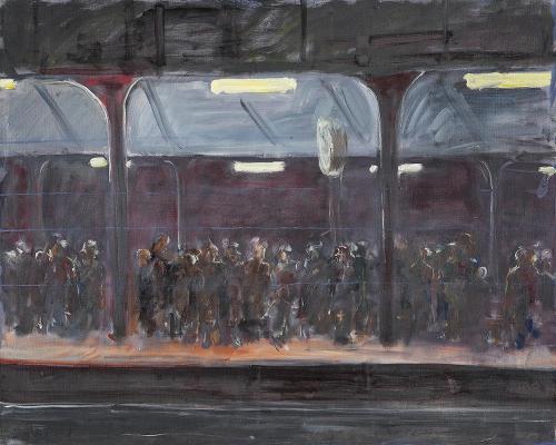 Georg Eisler, Nächtlicher Bahnhof III, 1989, Öl auf Leinwand, 80 × 100 cm, Museum der Moderne S ...