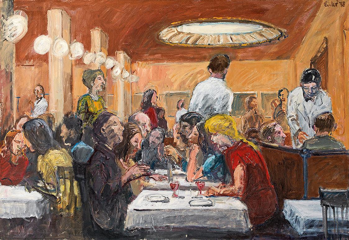 Georg Eisler, Café, 1978, Öl auf Leinwand, 80 × 104,5 cm, Verbleib unbekannt