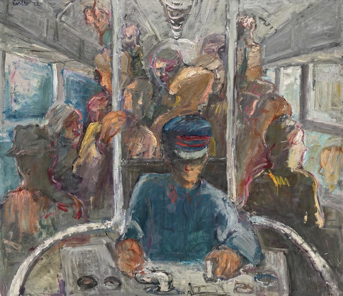 Georg Eisler, Straßenbahn, 1972, Öl auf Leinwand, 130 × 150 cm, Privatbesitz