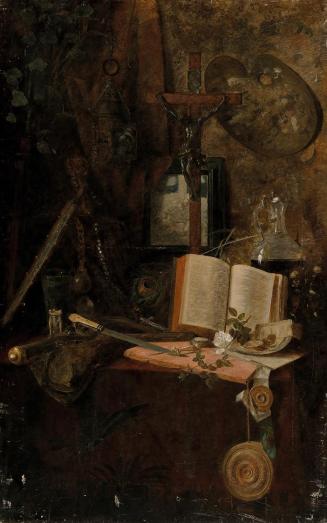 Carl Moll, Stillleben mit Kruzifix und Palette, 1882, Öl auf Leinwand, 140,5 × 88 cm, Privatbes ...