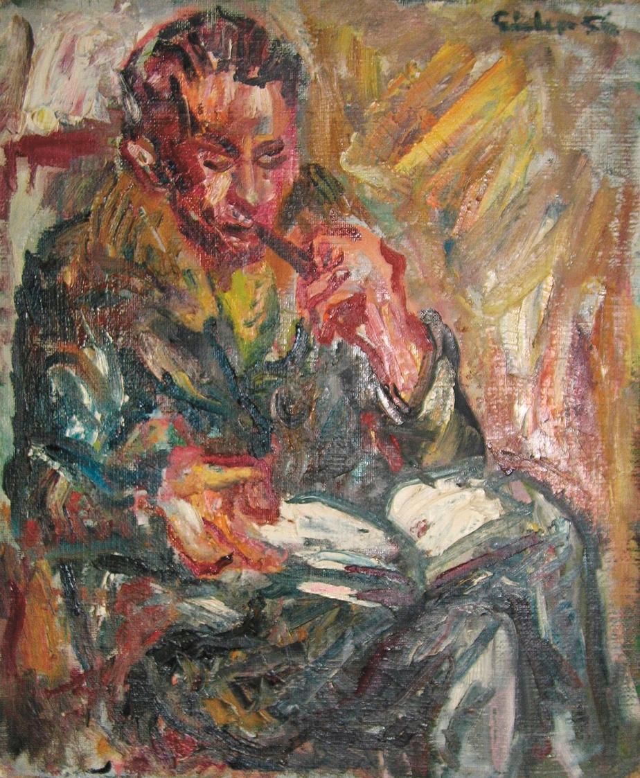 Georg Eisler, Lesender, 1956, Öl auf Karton, 64,5 × 54,7 cm, Verbleib unbekannt