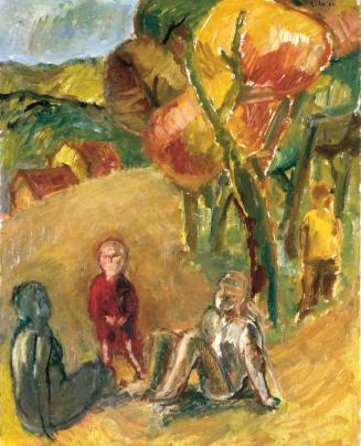 Georg Eisler, Figuren in einer Landschaft, 1960, Öl auf Leinwand, 85 × 65 cm, Verbleib unbekann ...