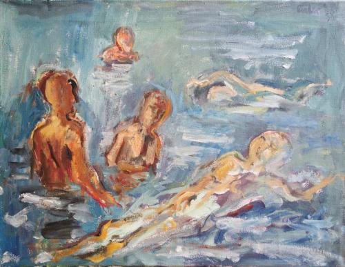 Georg Eisler, Schwimmende I, 1966, Öl auf Leinwand, 49 × 64 cm, Privatsammlung, München