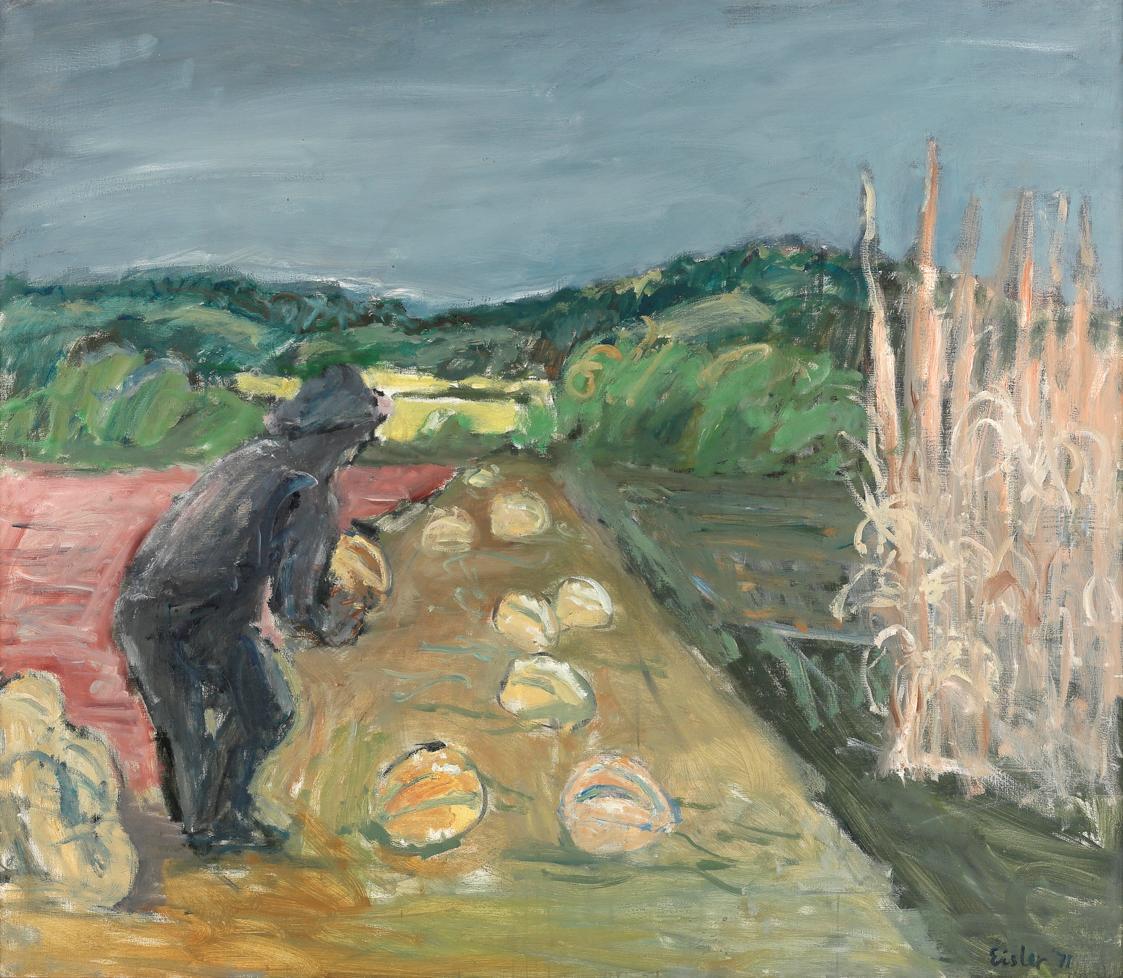 Georg Eisler, Kürbisernte im Burgenland, 1971, Öl auf Leinwand, 130,2 × 150 cm, Museum der Mode ...