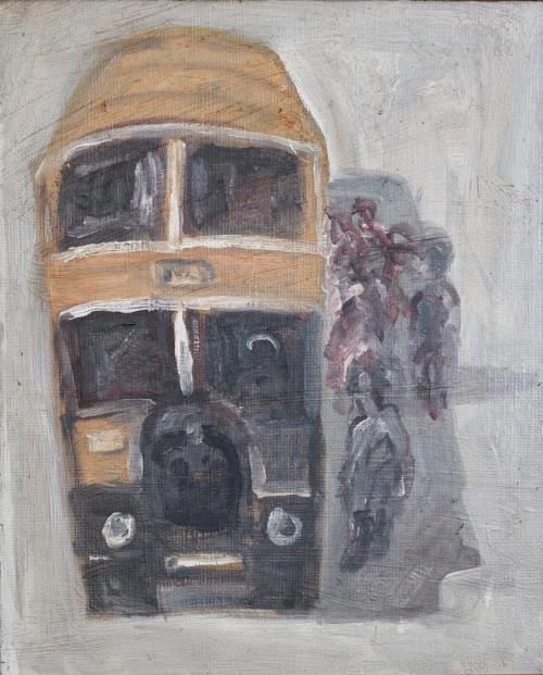 Georg Eisler, Autobus II, 1988, Öl auf Leinwand, 30 × 24 cm, Privatbesitz