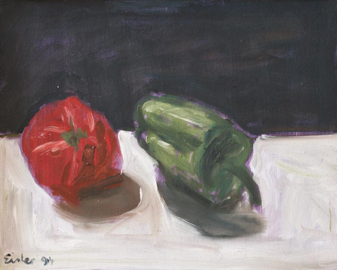 Georg Eisler, Tomate und Paprika, 1994, Öl auf Leinwand, 36,5 × 45,5 cm, Privatbesitz