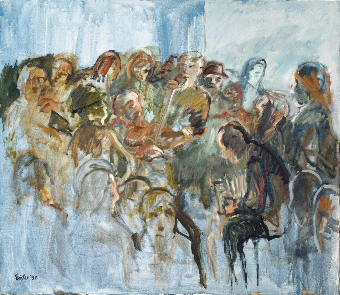 Georg Eisler, Pub Music in Howth, 1997, Öl auf Leinwand, 130 × 150 cm, Privatsammlung