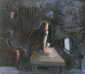 Georg Eisler, Zwei Männer beim Betrachten des Fernsehens, 1983, Öl auf Leinwand, 130 × 150 cm,  ...