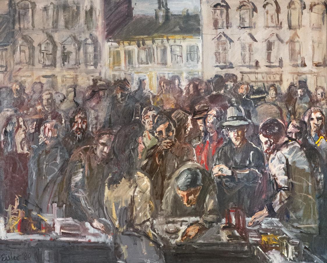 Georg Eisler, Wiener Flohmarkt, 1980, Öl auf Leinwand, 80 × 100 cm, Privatbesitz