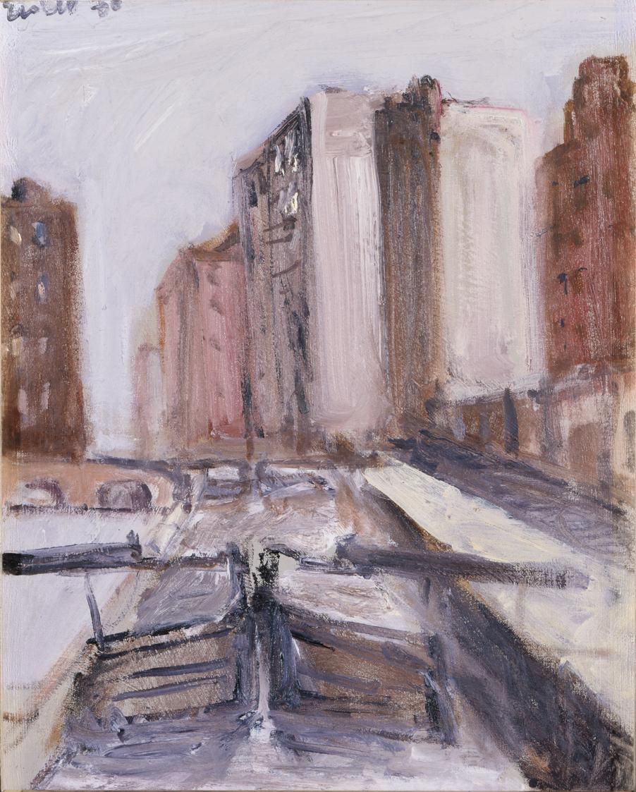 Georg Eisler, Kanal in Manchester, 1986, Öl auf Leinwand, 30 × 24 cm, Verbleib unbekannt