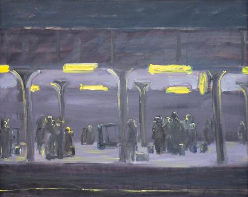 Georg Eisler, Nächtlicher Bahnhof V, 1989, Öl auf Leinwand, 80 × 100 cm, Privatbesitz, Wien