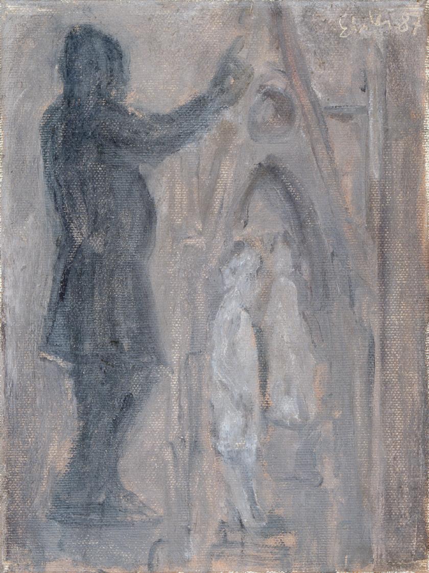 Georg Eisler, Denkmal im Nebel, 1987, Öl auf Leinwand, 24 × 18 cm, Verbleib unbekannt