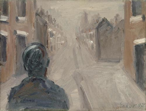 Georg Eisler, Kleine Straße mit Figur, 1987, Öl auf Leinwand, 20 × 24 cm, Verbleib unbekannt