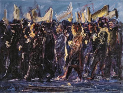 Georg Eisler, Abendliche Demo in Dresden, 1990, Öl auf Leinwand, 60 × 80 cm, Verbleib unbekannt