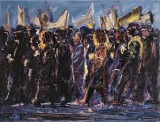 Georg Eisler, Abendliche Demo in Dresden, 1990, Öl auf Leinwand, 60 × 80 cm, Verbleib unbekannt