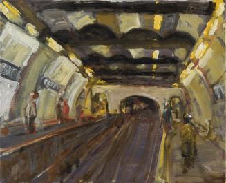 Georg Eisler, Kleine Metrostation, 1990, Öl auf Leinwand, 36 × 45 cm, Verbleib unbekannt