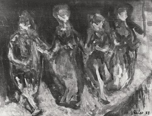 Georg Eisler, Vor dem Vorhang I, 1957, Öl auf Leinwand, 25 × 30 cm, Verbleib unbekannt