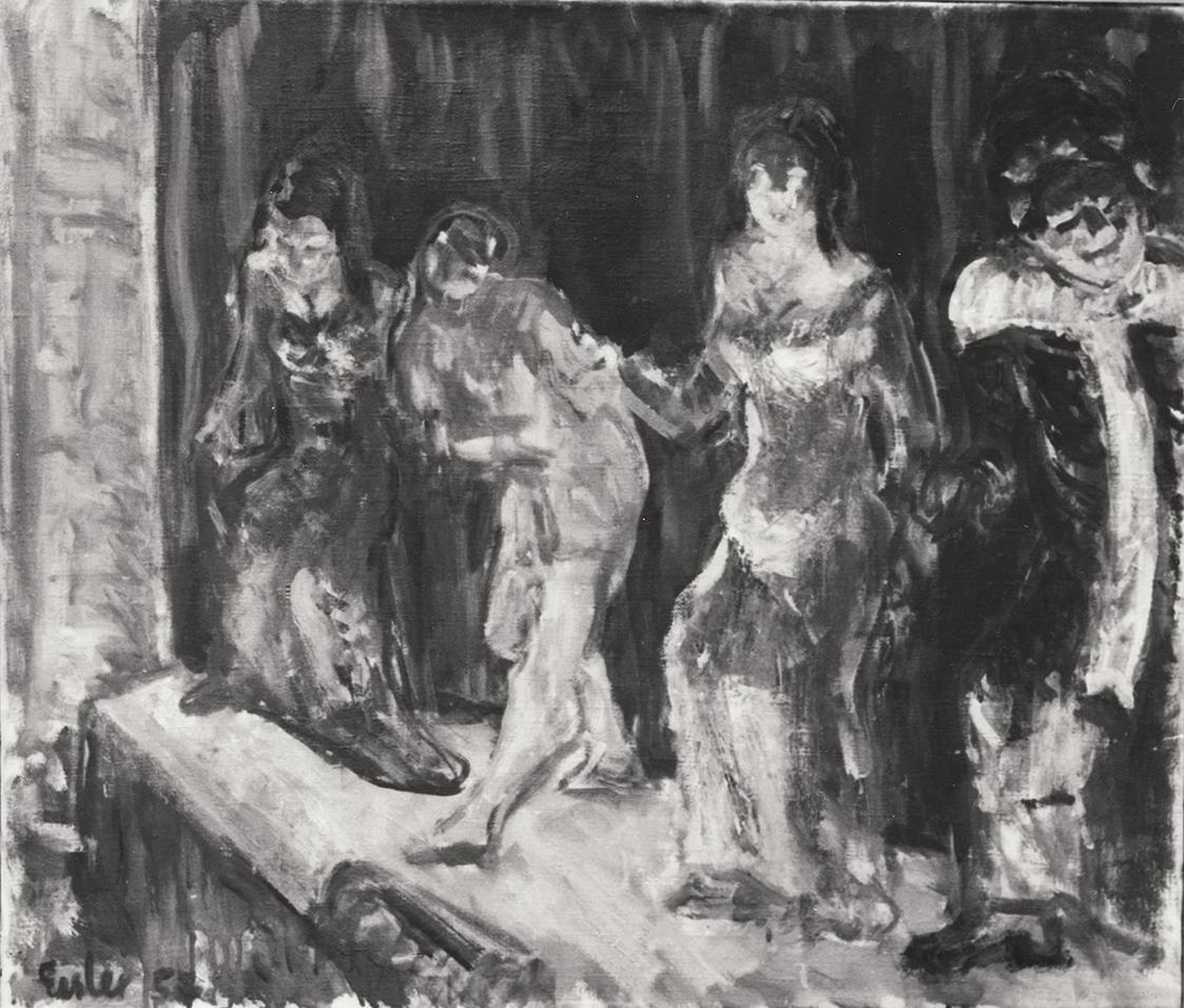 Georg Eisler, Vor dem Vorhang II, 1957, Öl auf Leinwand, 55 × 70 cm, Verbleib unbekannt