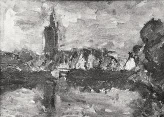 Georg Eisler, Landschaft mit Kirche, 1958, Öl auf Leinwand, 25 × 35 cm, Verbleib unbekannt