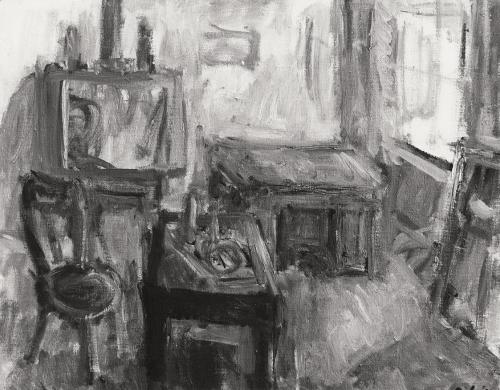 Georg Eisler, Atelierinterieur, 1966, Öl auf Leinwand, Verbleib unbekannt