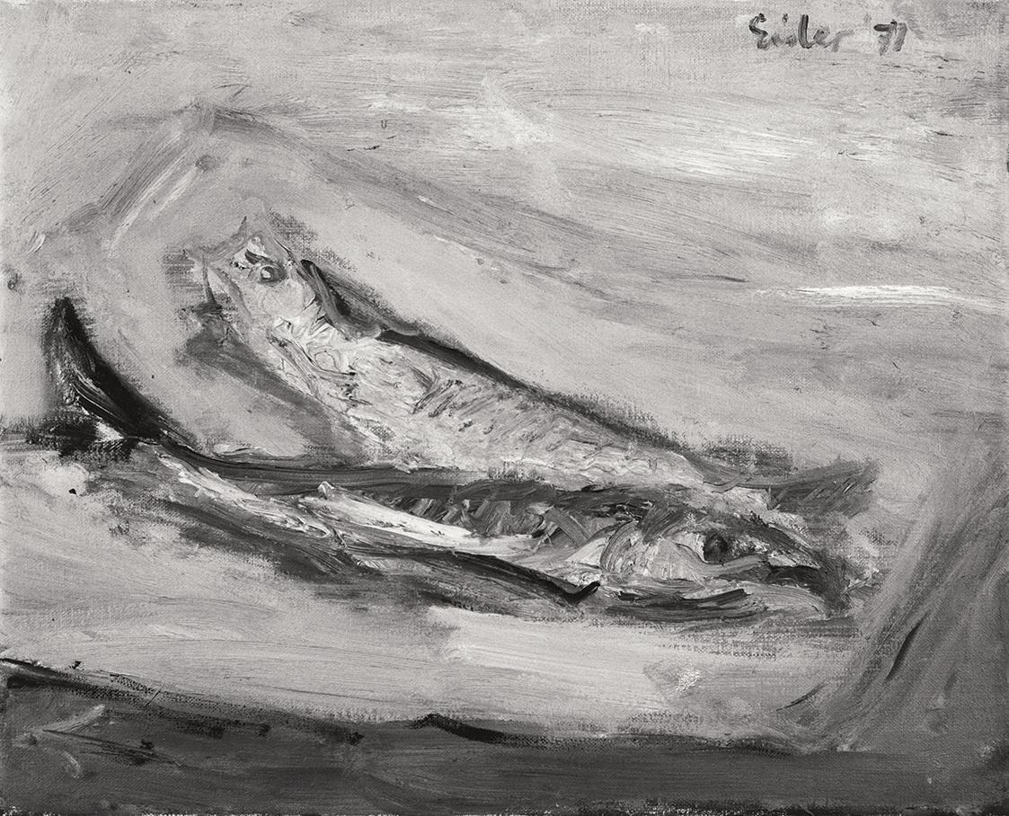 Georg Eisler, Stillleben mit zwei Fischen, 1977, Öl auf Leinwand, Verbleib unbekannt
