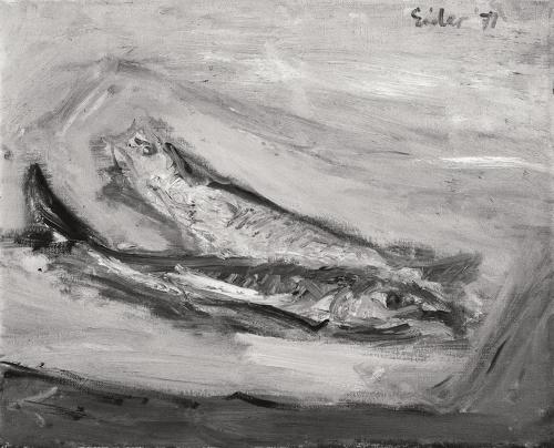 Georg Eisler, Stillleben mit zwei Fischen, 1977, Öl auf Leinwand, Verbleib unbekannt