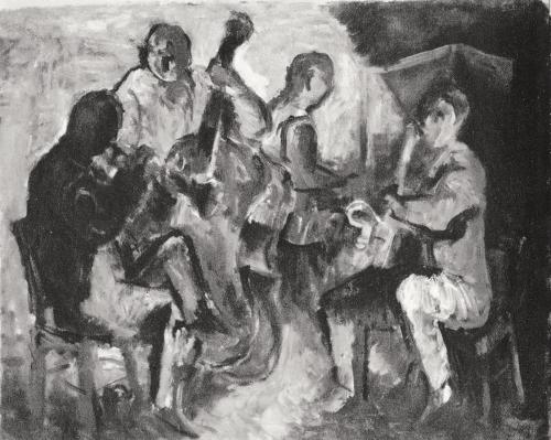 Georg Eisler, Jazzband, 1961, Öl auf Leinwand, 50 × 60 cm, Verbleib unbekannt