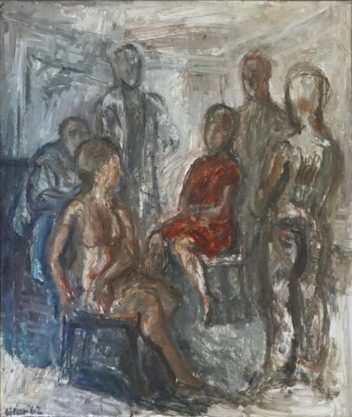 Georg Eisler, Konversation, 1962, Öl auf Leinwand, 70 × 60 cm, Privatbesitz, Wien