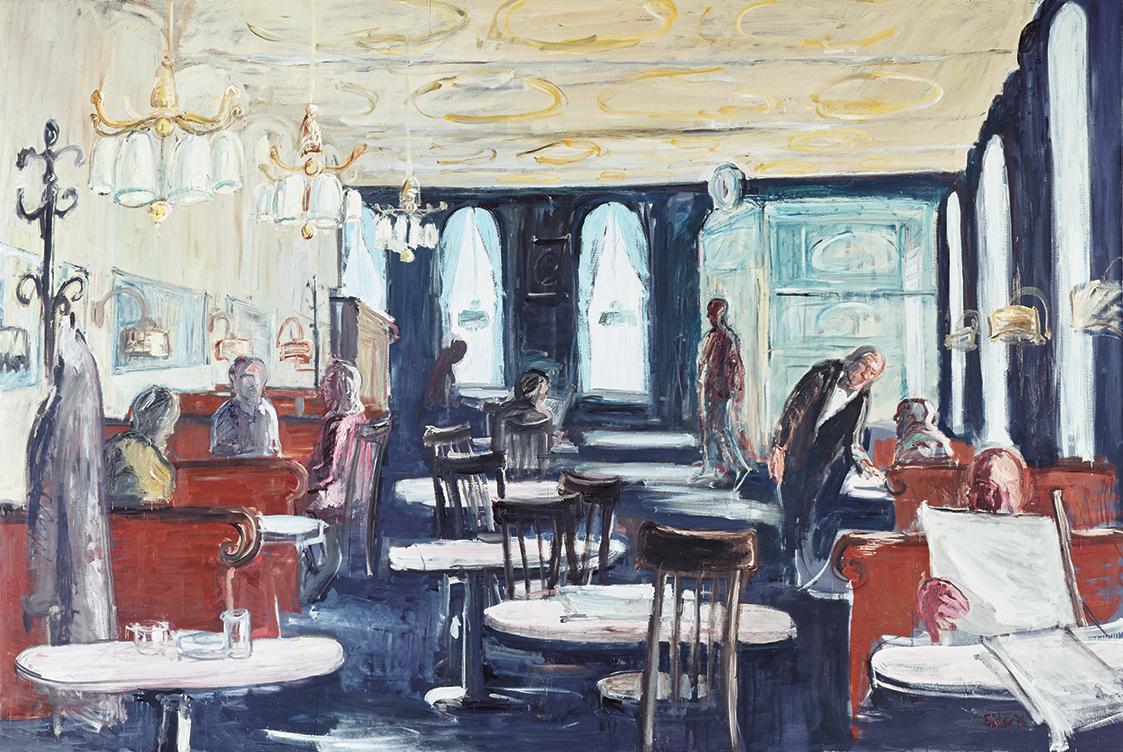 Georg Eisler, Großes Kaffeehaus, 1976, Öl auf Leinwand, 250 × 380 cm, Wohnpark Alt-Erlaa, Wien