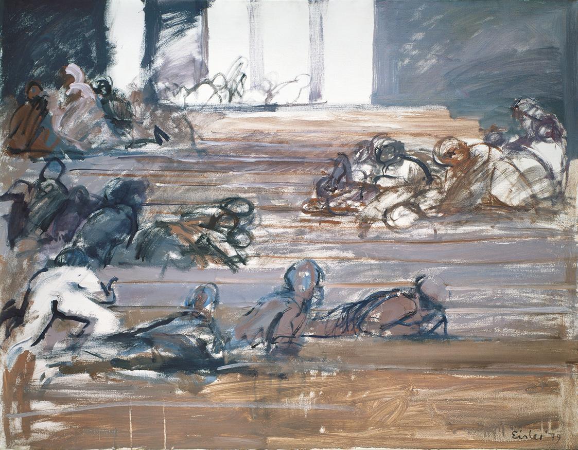 Georg Eisler, San Salvador (vor der Kathedrale), 1979, Öl auf Leinwand, 100 × 130,5 cm, Verblei ...