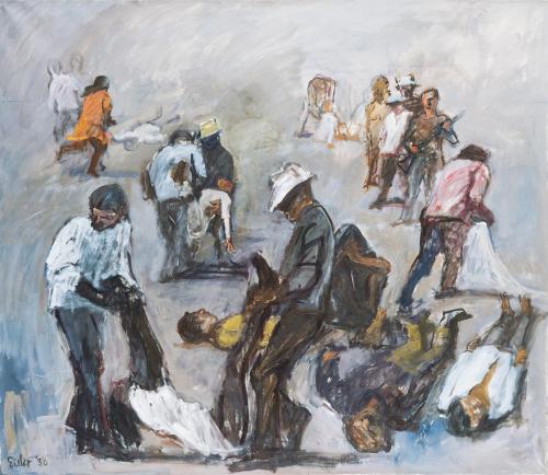 Georg Eisler, San Salvador, 1980, Öl auf Leinwand, 130 × 150 cm, Verbleib unbekannt