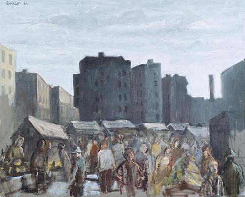 Georg Eisler, Winterfeldplatz Markt, 1982, Öl auf Leinwand, 80 × 100 cm, Verbleib unbekannt