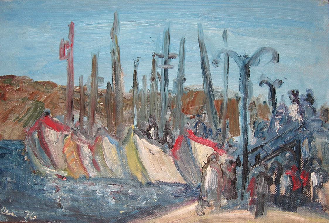 Georg Eisler, Hafen mit Booten, 1976, Öl auf Leinwand, 23 × 30,5 cm, Verbleib unbekannt
