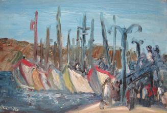 Georg Eisler, Hafen mit Booten, 1976, Öl auf Leinwand, 23 × 30,5 cm, Verbleib unbekannt
