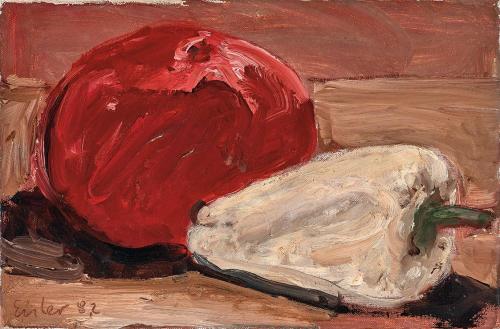 Georg Eisler, Tomate mit weißer Paprika, 1987, Öl auf Leinwand, 20 × 30 cm, Verbleib unbekannt