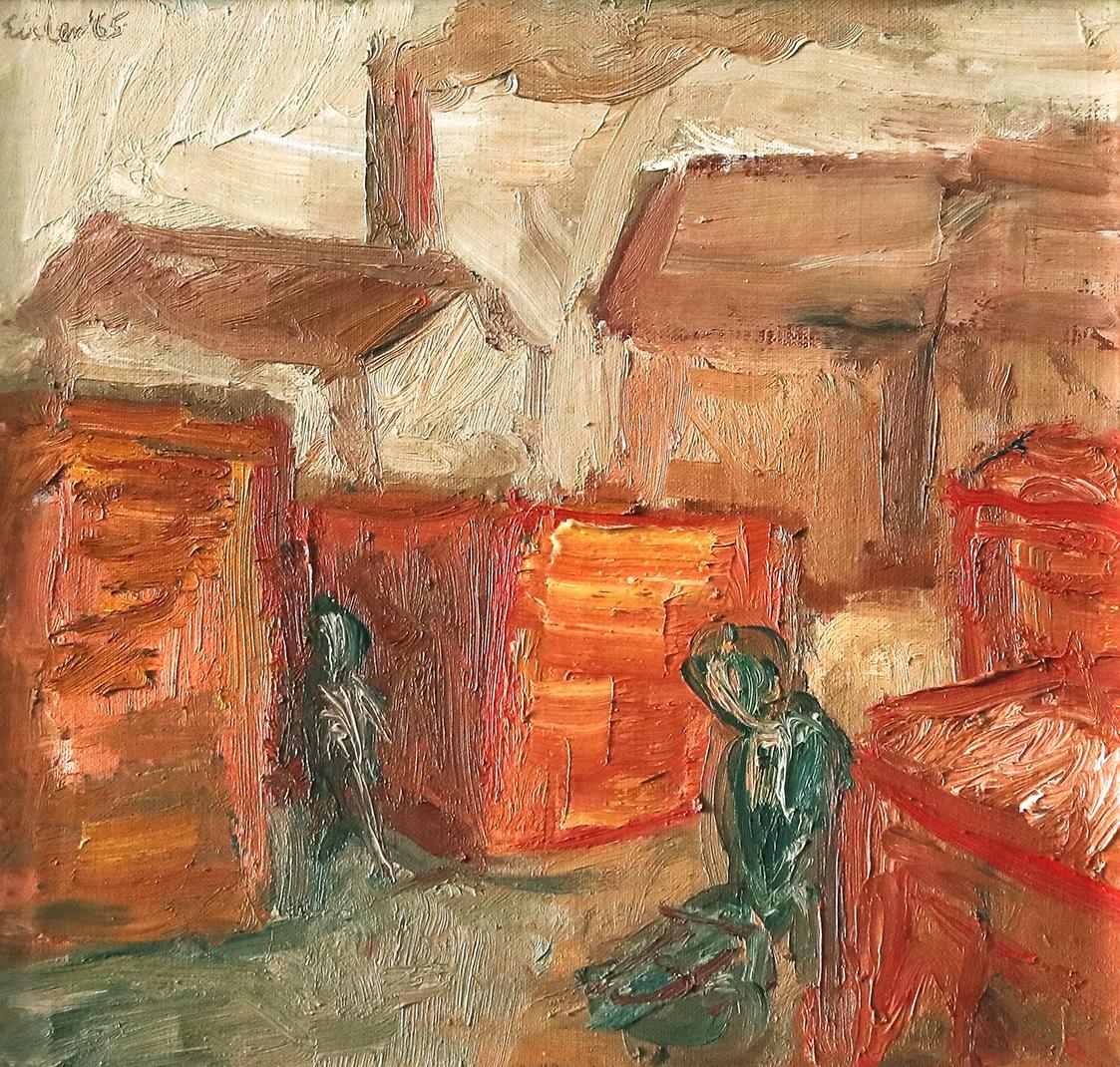 Georg Eisler, Ziegelfabrik, 1965, Öl auf Leinwand, 30 × 30 cm, Privatbesitz, Wien