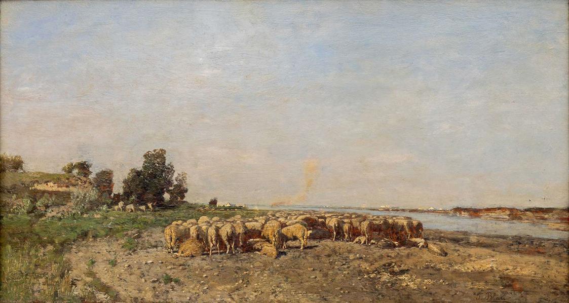 Tina Blau, Landschaft mit Schafen an der Donau bei Haslau, 1872, Öl auf Holz, 27 × 50 cm, Kunst ...