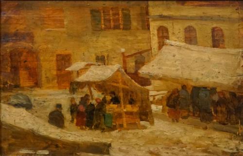 Tina Blau, Jahrmarkt in Hofgastein, 1916, Öl auf Holz, 17,5 × 27 cm, Privatbesitz, New York