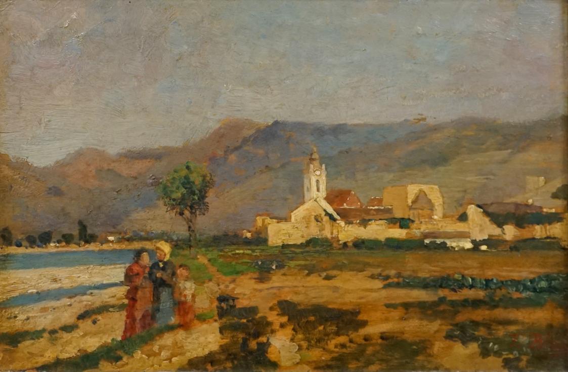 Tina Blau, Dürnstein, 1898, Öl auf Holz, 17,5 × 26,8 cm, Privatbesitz, New York