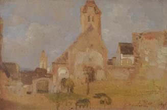 Tina Blau, Blick auf die alte Pfarrkirche von Dürnstein, 1897, Öl auf Karton, 16,7 × 25 cm, unb ...