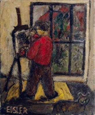 Georg Eisler, Selbstporträt mit Staffelei und Katze, 1944-1945, Öl auf Leinwand, 60,5 x 50,5 cm ...
