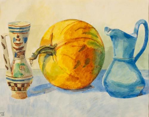 Alfred Wickenburg, Stillleben mit Krug, Kürbis und Majolikavase, 1936, Aquarell auf Papier, Bla ...