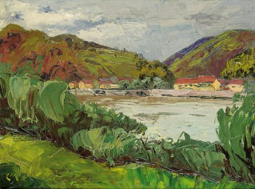 Carl Moll, Burgau am Attersee, um 1933, Öl auf Karton, 30,7 × 41 cm