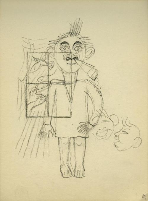 Alfred Wickenburg, Personenskizze und Fenster, 1945/1950, Kohle auf Papier, 20,7 × 15 cm, Belve ...