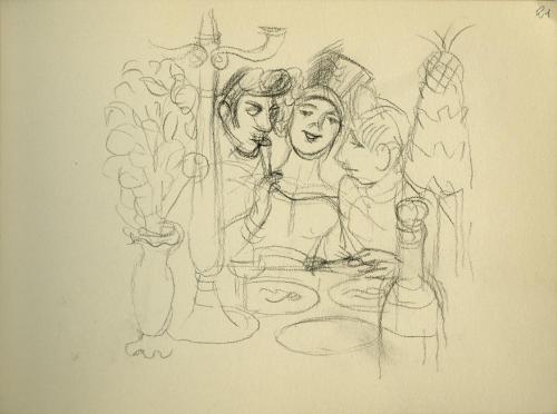 Alfred Wickenburg, Personen an einem Tisch, 1945/1950, Kohle auf Papier, 15 × 20,7 cm, Belveder ...