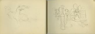Alfred Wickenburg, Tischszene und Personenstudie, 1940/1945, Kohle auf Papier, je: 15 × 20,7 cm ...